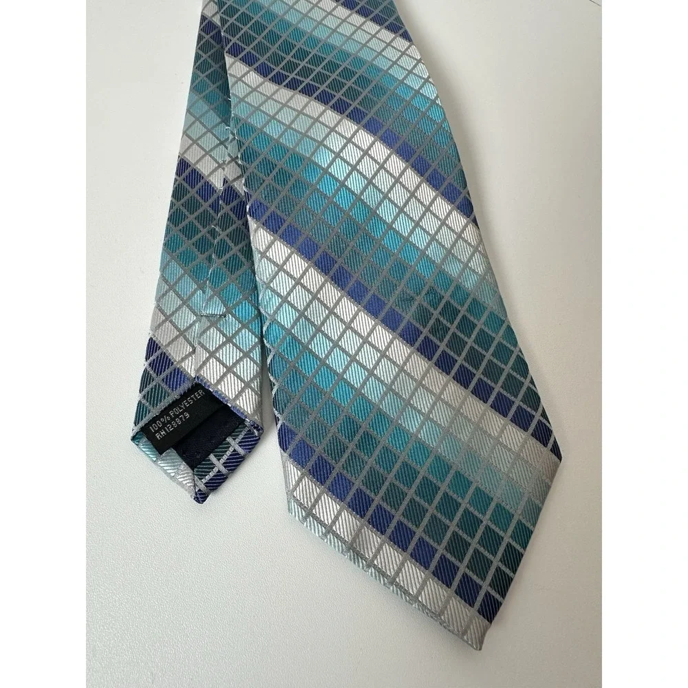 Aurelio Valentino Polyester Formal Necktie Blue Silver‎ Checker Pattern